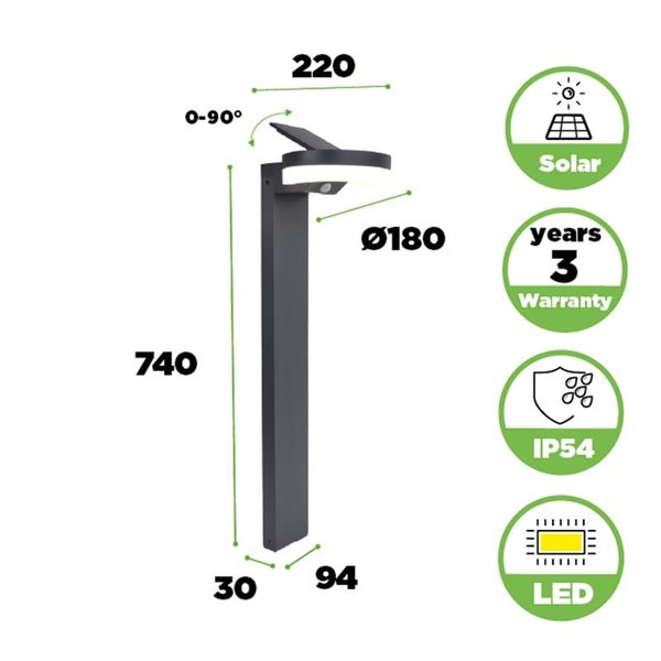 Baliza LED con panel solar ajustable y sensor PIR RUNDA, antracita, redondeo, 12W 1300Lm, 4000K