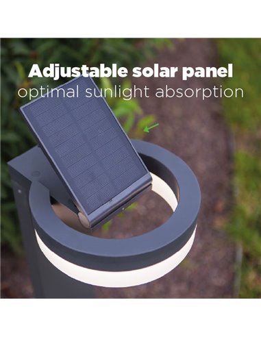 Baliza LED con panel solar ajustable y sensor PIR RUNDA, antracita, redondeo, 12W 1300Lm, 4000K