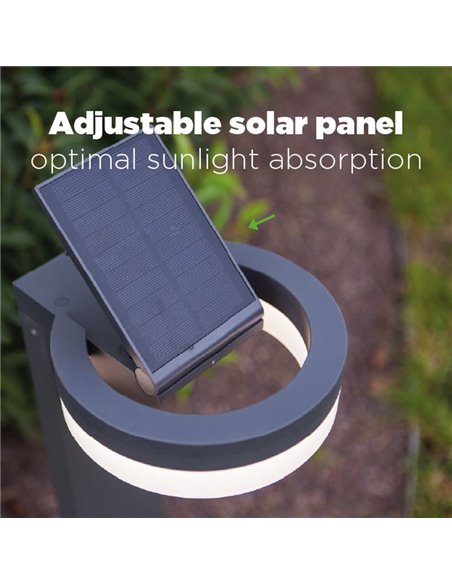 Baliza LED con panel solar ajustable y sensor PIR RUNDA, antracita, redondeo, 12W 1300Lm, 4000K