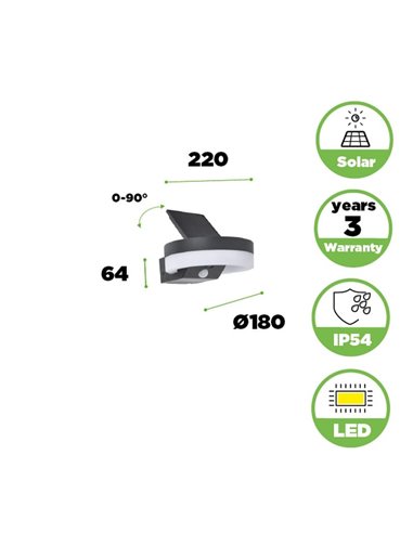 Aplique LED con panel solar ajustable y sensor PIR RUNDA, 12W 1300Lm, 3000K