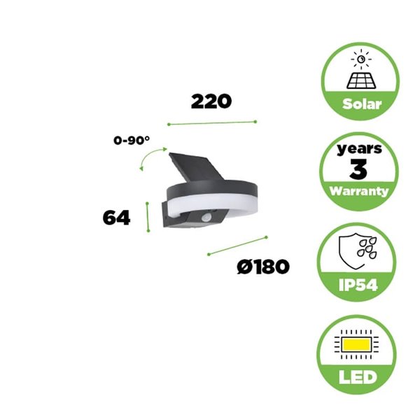 Aplique LED con panel solar ajustable y sensor PIR RUNDA, 12W 1300Lm, 3000K