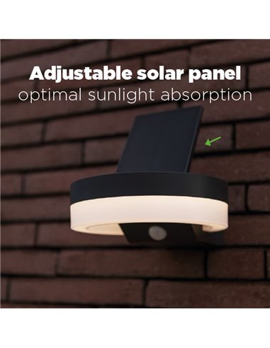 Aplique LED con panel solar ajustable y sensor PIR RUNDA, 12W 1300Lm, 3000K