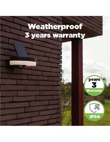Aplique LED con panel solar ajustable y sensor PIR RUNDA, 12W 1300Lm, 3000K