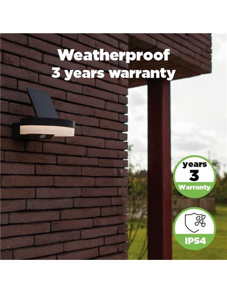 Aplique LED con panel solar ajustable y sensor PIR RUNDA, 12W 1300Lm, 3000K