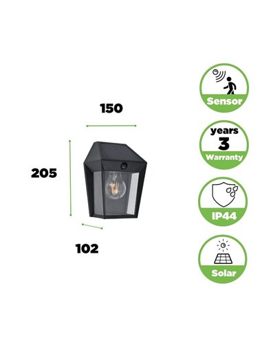 Aplique para exterior AVONY estilo clássico, com sensor de movimento e painel solar, E27, preto