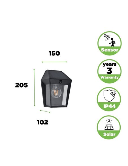 Aplique de pared exterior de estilo clásico AVONY, con sensor de movimeinto y panel solar, E27, negro