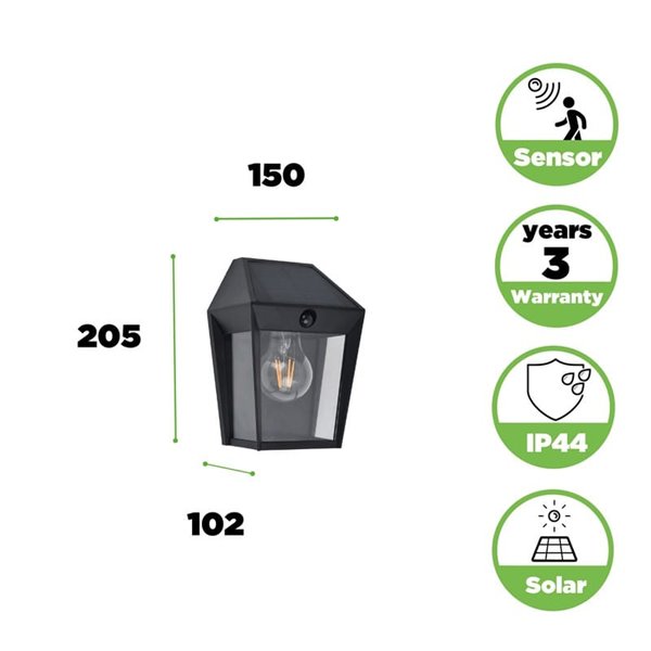 Applique d'extérieur de style classique AVONY, avec détecteur de mouvement et panneau solaire, E27, noire