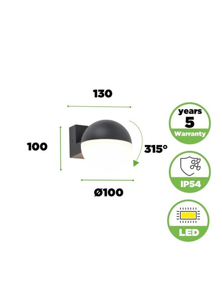 Luminária de parede externa LOOMA LED em formato de globo com luz giratória de 270°, 7,8 W, 1150 lúmens, 3000 K
