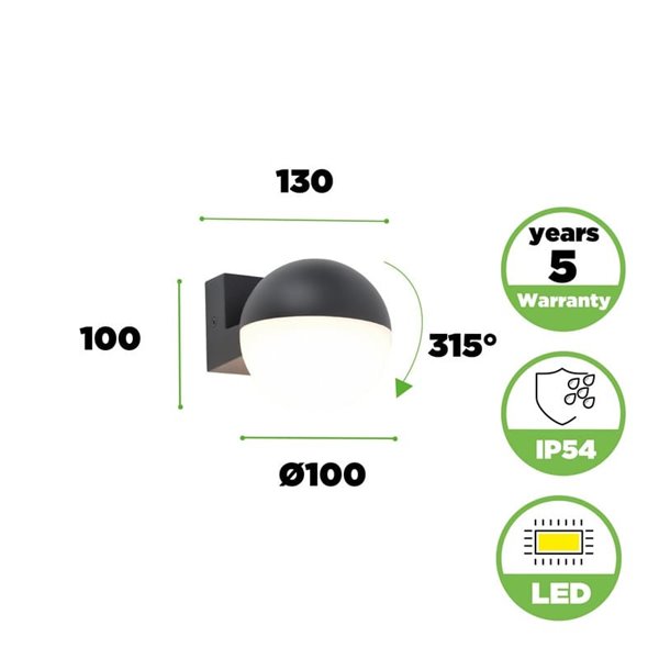 Applique murale extérieure LOOMA LED en forme de globe avec lumière rotative à 270°, 7,8 W, 1150 lm, 3000 K