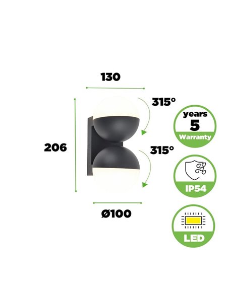 Applique d'extérieur LED double globe LOOMA, avec lumière orientable à 270º, 15,6W 2300Lm, 3000K