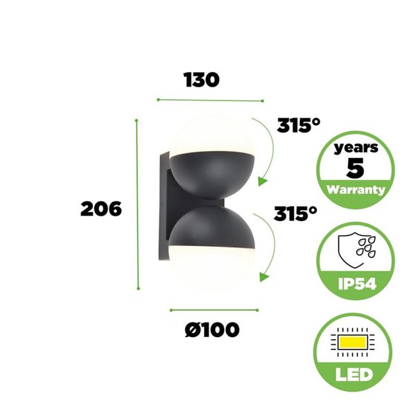 Lámpara de pared LED exterior doble en forma de globo LOOMA, con luz giro 270º, 15,6W 2300Lm, 3000K