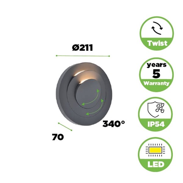 Aplique LED de exterior MOOV con 2 cabezales ajustables y un haz de luz fijo, 7,8W 550Lm, 3000K