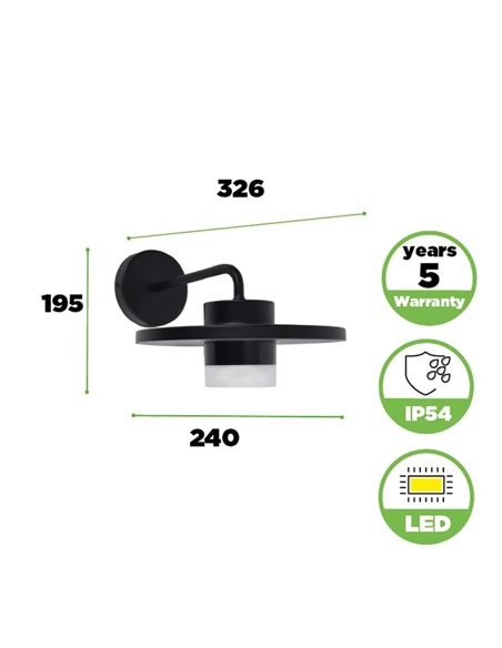 Aplique exterior LED PLATO, con forma de sombrero elegante negro, 7W 1170Lm, 3000K