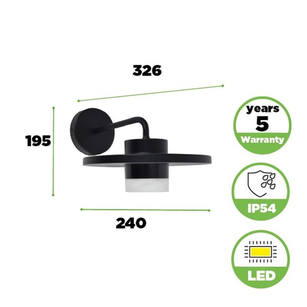 Aplique exterior LED PLATO, con forma de sombrero elegante negro, 7W 1170Lm, 3000K