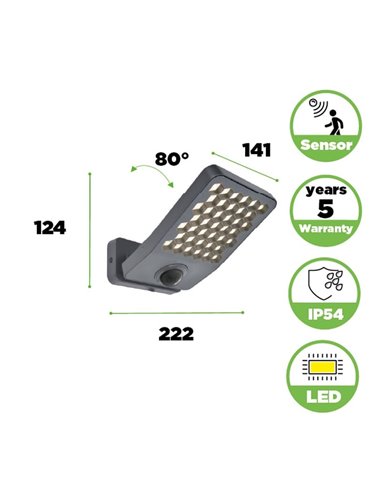 Aplique LED de aluminio con sensor de movimiento y cabezal que gira 90º ATLANTIS, 14W 2260Lm, 3000K/4000K