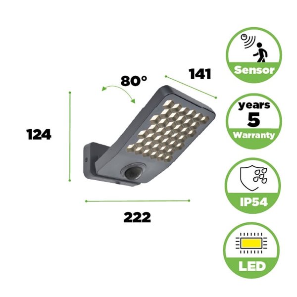 Aplique LED de aluminio con sensor de movimiento y cabezal que gira 90º ATLANTIS, 14W 2260Lm, 3000K/4000K