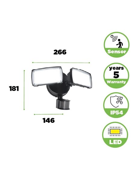 Foco doble reflector de seguridad CHIMERA con luz brillante 5000K, sensor PIR, 21W 3000Lm
