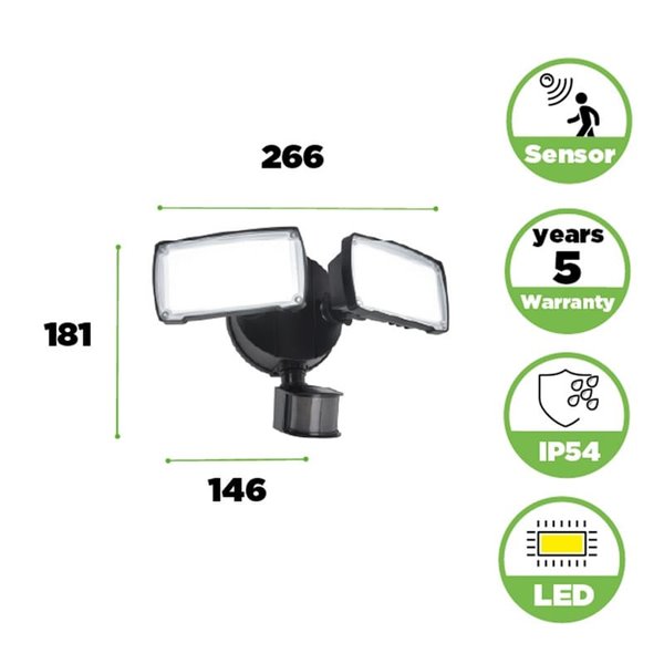 Foco doble reflector de seguridad CHIMERA con luz brillante 5000K, sensor PIR, 21W 3000Lm