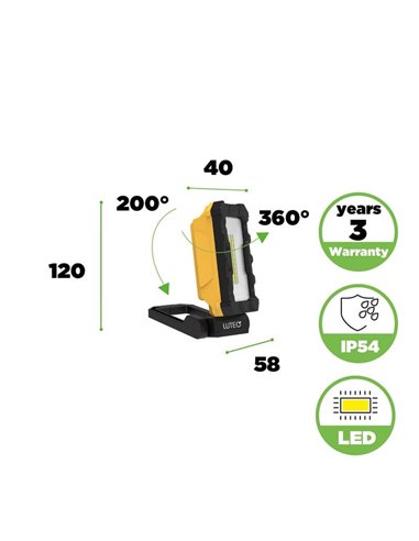 Refletor LED de trabalho para exterior PENI, carregamento USB-C, magnético e gancho, 4000K, 2W 500Lm