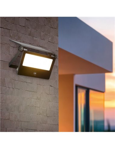 Luminária de parede LED MOURA 1100lm 14x15cm regulável com carga solar, interruptor integrado e sensor de movimento IP54 de 12 W