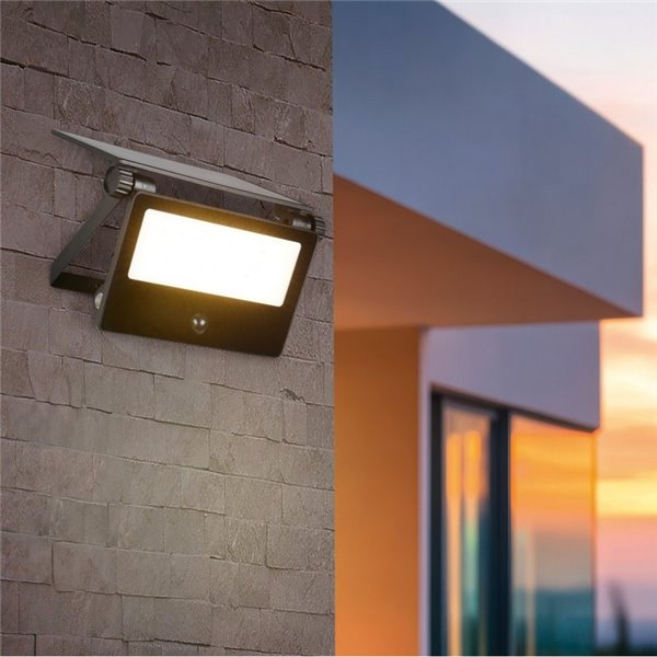 Luminária de parede LED MOURA 1100lm 14x15cm regulável com carga solar, interruptor integrado e sensor de movimento IP54 de 12 W