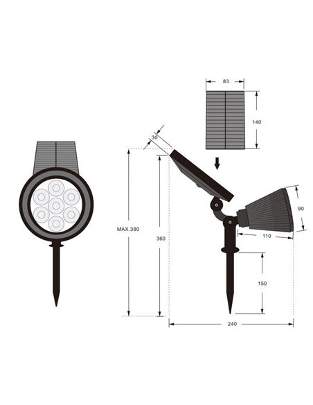 Holofote solar LED Festival com ponta, mudança de cor RGB, bateria recarregável, 1 W, 35 lm, IP44