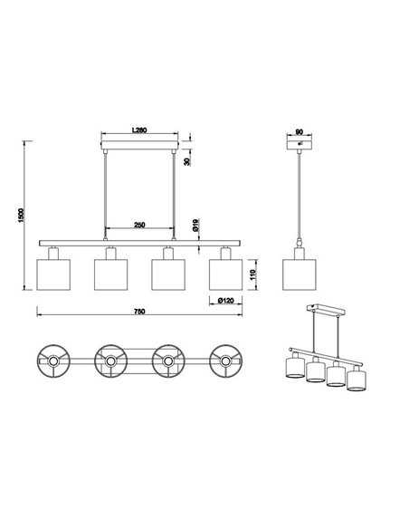 Plafonnier JASON avec 4 abat-jour dorés, hauteur réglable, ampoules exclues. 4x E14 max. 10 W IP20