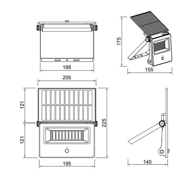 Luminária de parede LED MOURA 1100lm 14x15cm regulável com carga solar, interruptor integrado e sensor de movimento IP54 de 12 W