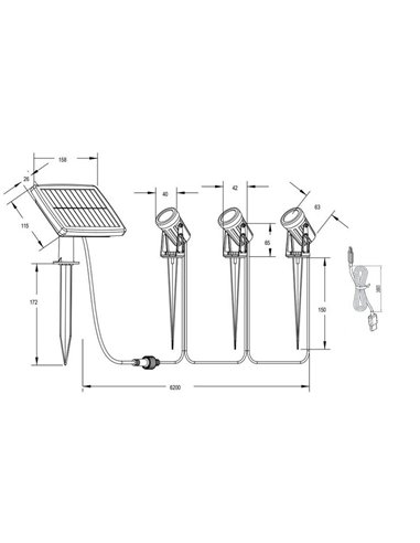 Kit de 3 piquetas LED carga solar y batería USB OBIDOS sensor de oscuridad y regulable 5W 3x 35lm, 4000K IP44