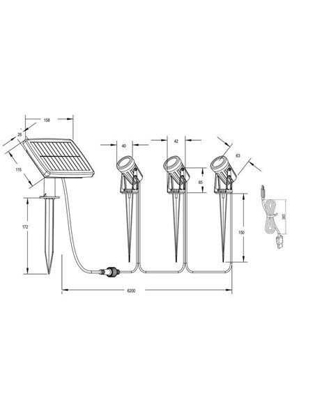 Kit de 3 piquetas LED carga solar y batería USB OBIDOS sensor de oscuridad y regulable 5W 3x 35lm, 4000K IP44