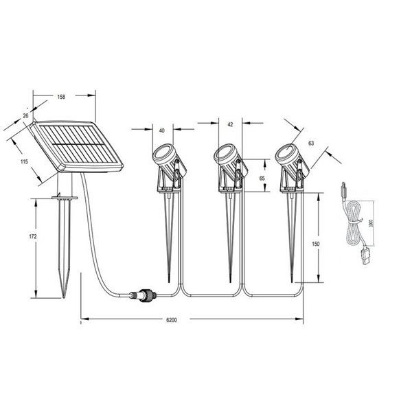 Kit de 3 piquetas LED carga solar y batería USB OBIDOS sensor de oscuridad y regulable 5W 3x 35lm, 4000K IP44