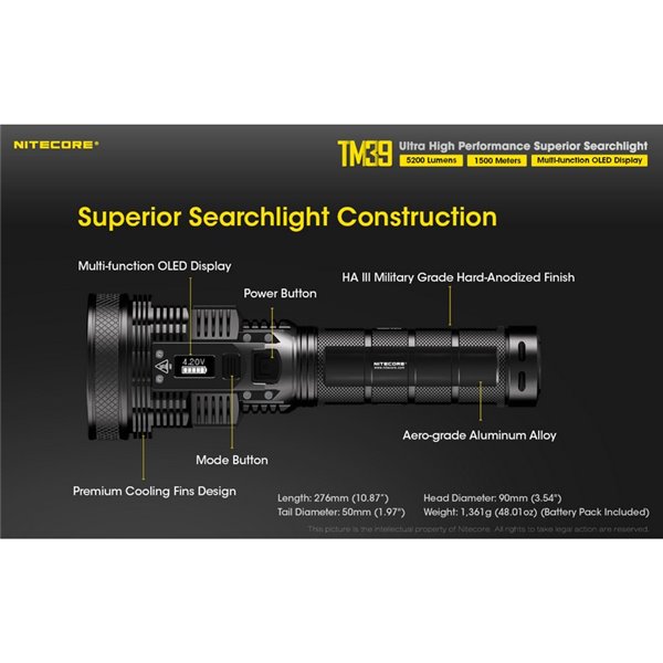 Lampe torche LED portable TM39, très puissante, 5 200 lumens, portée de 1 500 mètres, IP68