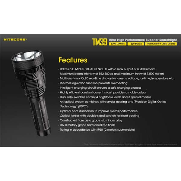 Lampe torche LED portable TM39, très puissante, 5 200 lumens, portée de 1 500 mètres, IP68