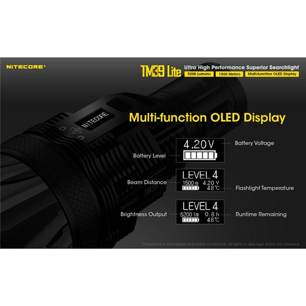 Linterna de mano TM39 Lite 5200 lúmenes muy potente IP68 1500 metros de alcance, batería 4 × 18650