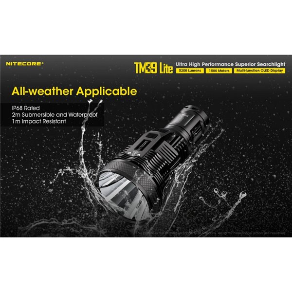 Linterna de mano TM39 Lite 5200 lúmenes muy potente IP68 1500 metros de alcance, batería 4 × 18650