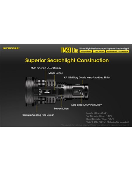 Lampe torche portable TM39 Lite 5 200 lumens, très puissante, IP68, portée de 1 500 mètres, 4 piles 18650