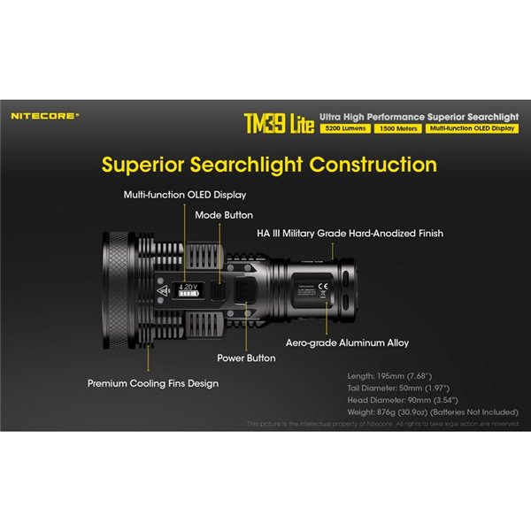 Lampe torche portable TM39 Lite 5 200 lumens, très puissante, IP68, portée de 1 500 mètres, 4 piles 18650