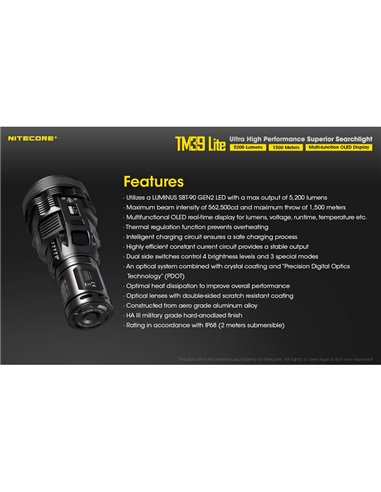 Linterna de mano TM39 Lite 5200 lúmenes muy potente IP68 1500 metros de alcance, batería 4 × 18650