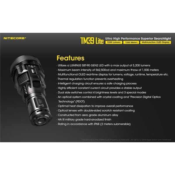 Lampe torche portable TM39 Lite 5 200 lumens, très puissante, IP68, portée de 1 500 mètres, 4 piles 18650