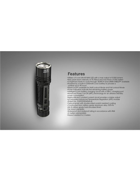 Lanterna portátil EDC35 5000 lúmens 601 metros de alcance Bateria integrada de 1700 mAh IP54