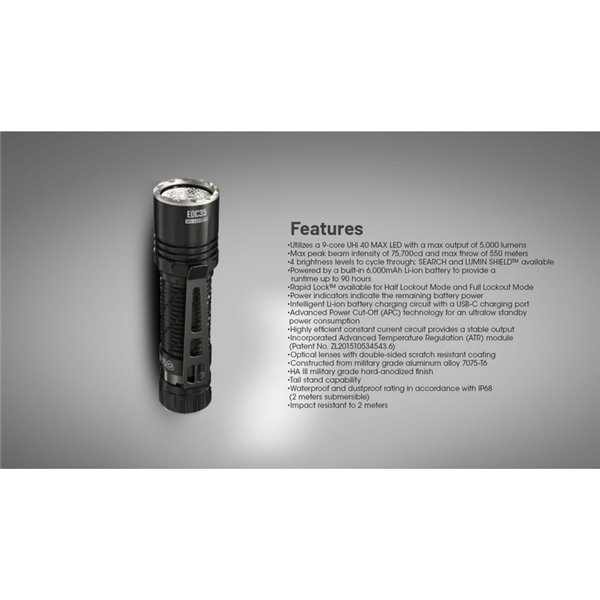 Linterna de mano EDC35 5000 lúmenes y 601 metros de alcance batería 1700 mAh incorporada IP54