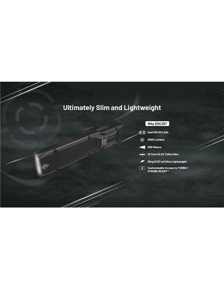 Lanterna de mão ultraleve EDC25, 3000 lúmens, alcance de 300 metros e bateria integrada de 1700 mAh, classificação IP68.