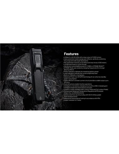 Lanterna de mão ultraleve EDC25, 3000 lúmens, alcance de 300 metros e bateria integrada de 1700 mAh, classificação IP68.