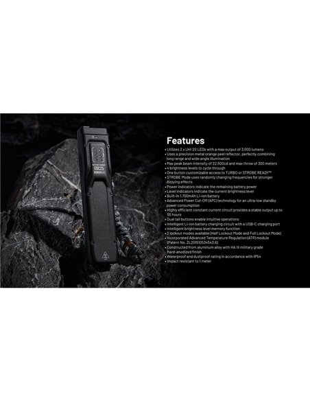 Linterna de mano EDC25 ultraligera 3000 lúmenes, 300 metros alcance y batería 1700 mAh incorporada IP68