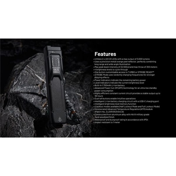 Lampe de poche ultralégère EDC25, 3000 lumens, portée de 300 mètres et batterie intégrée de 1700 mAh, classée IP68.