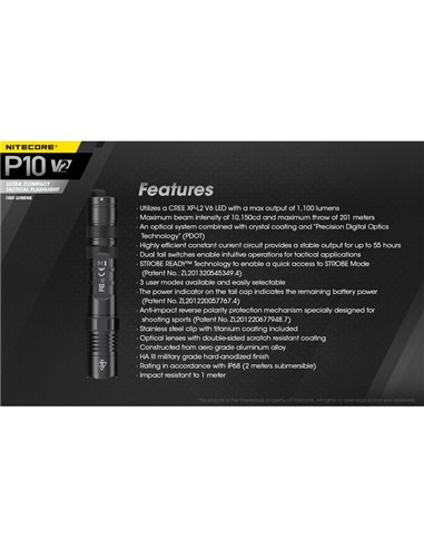 Linterna de mano P10 V2 Nitecore 1100 lúmenes ultra compacta 201 metros alcance, estroboscópica IP68
