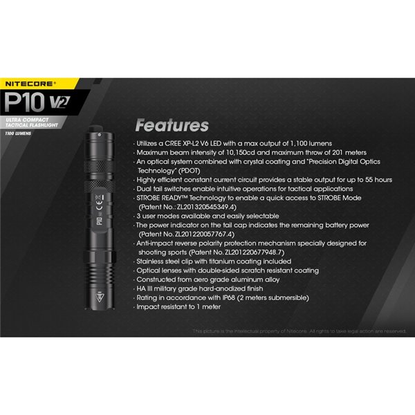 Linterna de mano P10 V2 Nitecore 1100 lúmenes ultra compacta 201 metros alcance, estroboscópica IP68