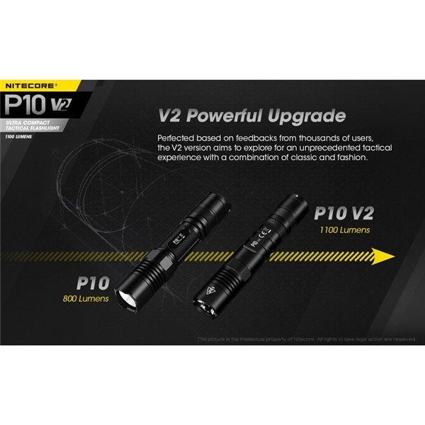 Lanterna portátil ultracompacta Nitecore P10 V2 de 1100 lúmens, alcance de 201 metros, estroboscópio, IP68