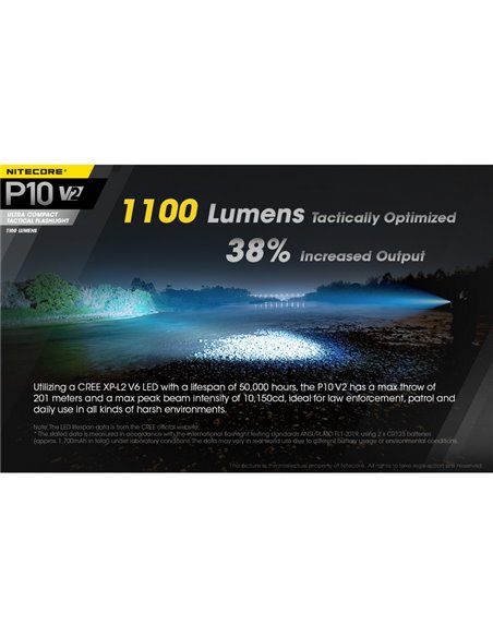 Linterna de mano P10 V2 Nitecore 1100 lúmenes ultra compacta 201 metros alcance, estroboscópica IP68
