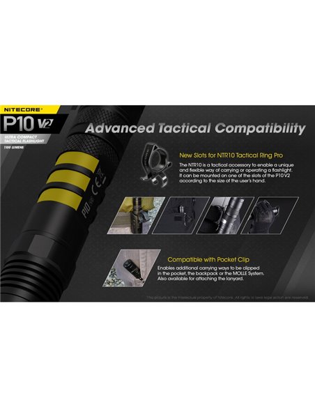 Lampe torche ultra compacte Nitecore P10 V2 1 100 lumens, portée de 201 mètres, stroboscope, IP68